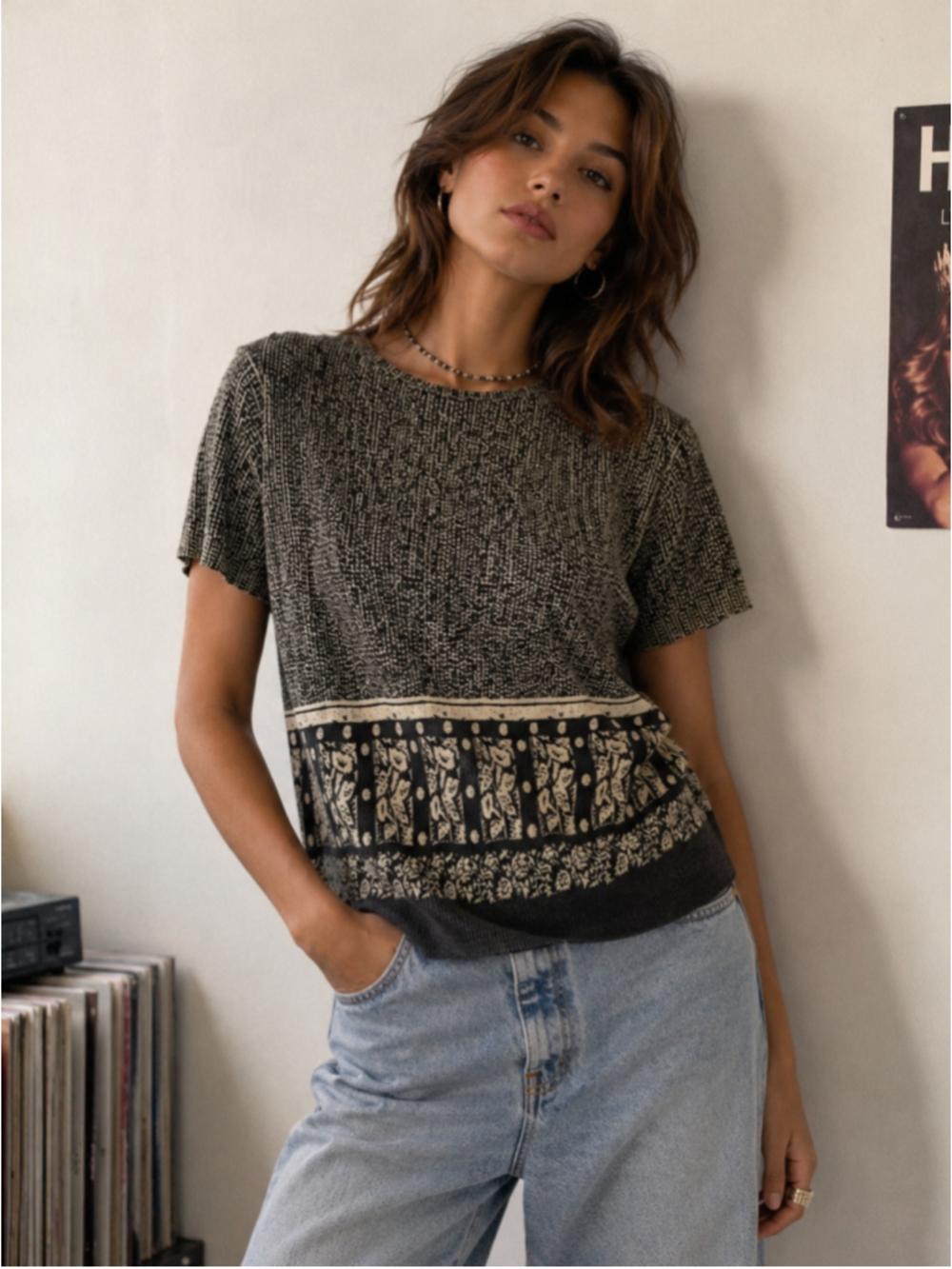 Vintage Brochure Slinky Knit Top 90s Botanical Block Print Border Short Sleeve M